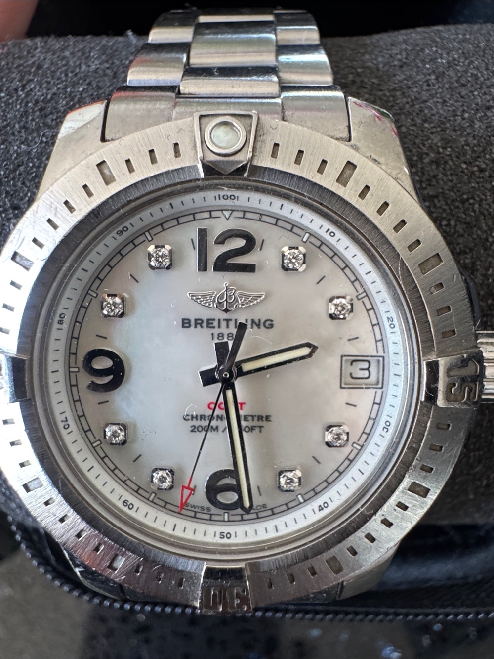 Breitling Steel Watch with White Mother-of-Pearl Dial and Diamond Markers